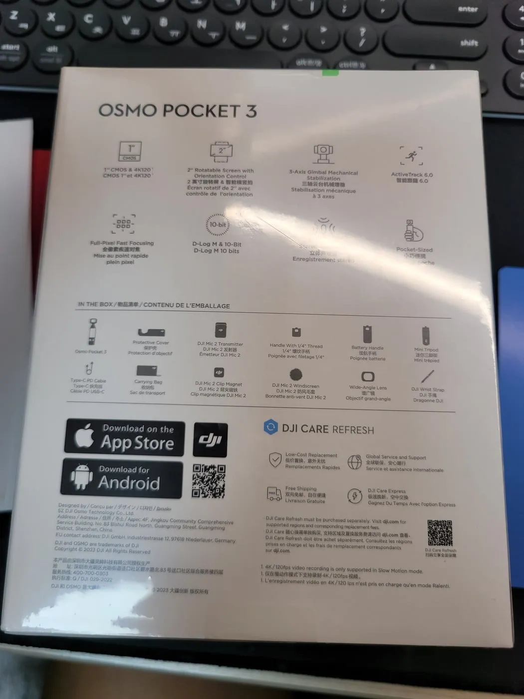상자 안내문. OSMO POCKET 3 사용 순서와 앱 다운로드 QR