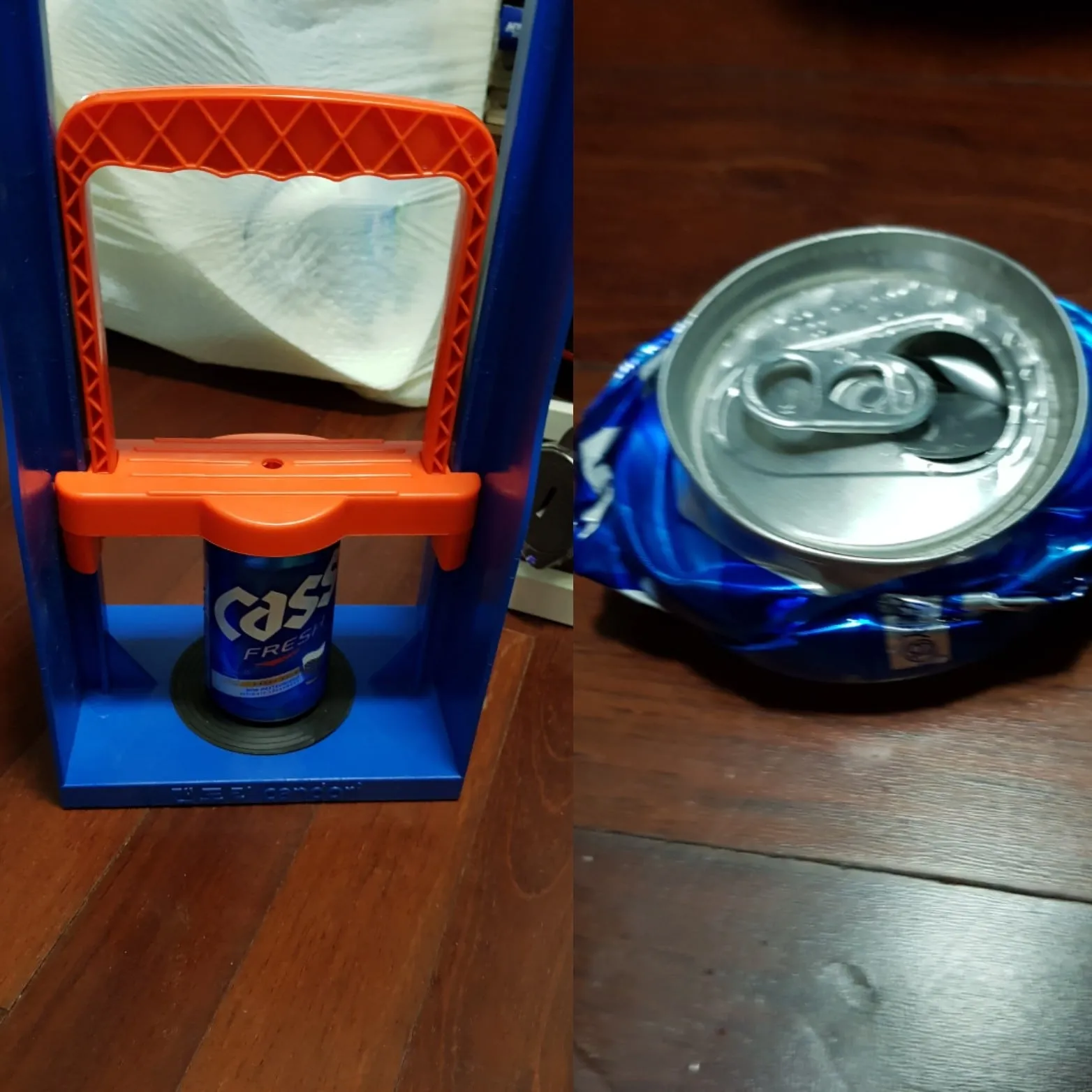 카스 맥주 캔을 세운 모습과 누른 뒤 찌그러진 캔