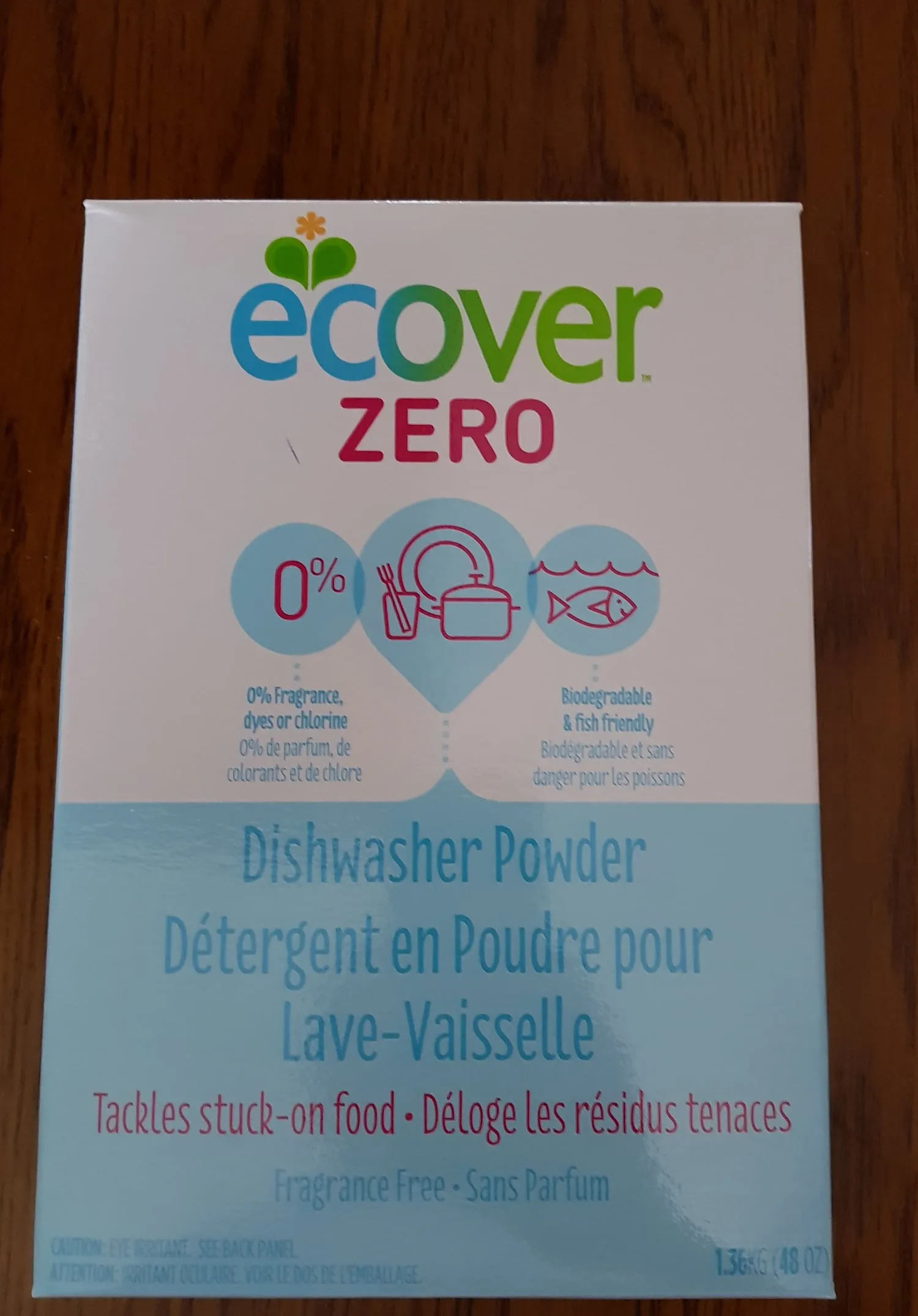 에코버 제로 식기세척기 가루세제 박스 앞면. 0% 표기와 Dishwasher Powder, Fragrance Free 문구